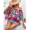 imageOYOANGLE Womens Boho Floral Print Off Shoulder 34 Sleeve Shirred Blouses Casual Top ShirtsWhite and Pink