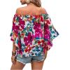 imageOYOANGLE Womens Boho Floral Print Off Shoulder 34 Sleeve Shirred Blouses Casual Top ShirtsWhite and Pink