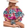 imageOYOANGLE Womens Boho Floral Print Off Shoulder 34 Sleeve Shirred Blouses Casual Top ShirtsWhite and Pink