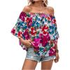 imageOYOANGLE Womens Boho Floral Print Off Shoulder 34 Sleeve Shirred Blouses Casual Top ShirtsWhite and Pink