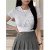 imageOYOANGLE Womens Bow Top Ruffle Trim Short Sleeve T Shirt Summer Crew Neck Crop TopsWhite