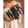 imageOYOANGLE Womens Color Block Woven Clutch Bag Straw Fringe Flap Small Striped Boho Purse HandbagsBlack
