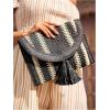 imageOYOANGLE Womens Color Block Woven Clutch Bag Straw Fringe Flap Small Striped Boho Purse HandbagsBlack