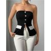 imageOYOANGLE Womens Elegant Color Block Button Strapless Tube Top Slit Hem Fitted BandeauBlack