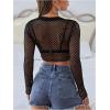 imageOYOANGLE Womens Fishnet Crop Top Long Sleeve See Through Mesh Tshirt Party Rave OutfitsBlack