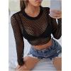 imageOYOANGLE Womens Fishnet Crop Top Long Sleeve See Through Mesh Tshirt Party Rave OutfitsBlack