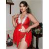 imageOYOANGLE Womens Fuzzy Trim Criss Cross Open Front Chemise Nightgown with Thongs Set Babydoll SleepwearRed