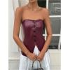 imageOYOANGLE Womens PU Leather Button Front Strapless Top Sleeveless Slit Hem Fitted BandeauBurgundy