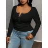 imageOYOANGLE Womens Plus Size Long Sleeve Henley Shirts Button Front Ribbed Knit Fitted TShirt Fall TopsBlack