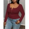 imageOYOANGLE Womens Plus Size Long Sleeve Henley Shirts Button Front Ribbed Knit Fitted TShirt Fall TopsBurgundy