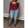 imageOYOANGLE Womens Plus Size Long Sleeve Henley Shirts Button Front Ribbed Knit Fitted TShirt Fall TopsBurgundy