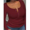 imageOYOANGLE Womens Plus Size Long Sleeve Henley Shirts Button Front Ribbed Knit Fitted TShirt Fall TopsBurgundy