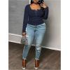 imageOYOANGLE Womens Plus Size Long Sleeve Henley Shirts Button Front Ribbed Knit Fitted TShirt Fall TopsDeep Blue