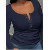 imageOYOANGLE Womens Plus Size Long Sleeve Henley Shirts Button Front Ribbed Knit Fitted TShirt Fall TopsDeep Blue