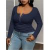 imageOYOANGLE Womens Plus Size Long Sleeve Henley Shirts Button Front Ribbed Knit Fitted TShirt Fall TopsDeep Blue