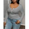 imageOYOANGLE Womens Plus Size Long Sleeve Henley Shirts Button Front Ribbed Knit Fitted TShirt Fall TopsGrey