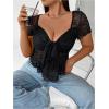 imageOYOANGLE Womens Plus Size Sheer Sweetheart Neck Short Sleeve Blouse Knot Front Flowy Summer Tee TopsBlack