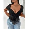 imageOYOANGLE Womens Plus Size Sheer Sweetheart Neck Short Sleeve Blouse Knot Front Flowy Summer Tee TopsBlack