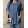 imageOYOANGLE Womens Plus Size Short Sleeve Round Neck Pocket Tee Shirt Basic Solid Loose Tunic TopsDusty Blue