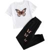 imageOYOANGLE Girls 2 Piece Outfits Short Sleeve Butterfly Tee and Sweatpants SetWhite Black Print