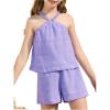 imageOYOANGLE Girls 2 Piece Outfits Textured Criss Cross Halter Cami Top and Elastic Waist Shorts SetViolet Purple