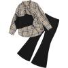 imageOYOANGLE Girls 3 Piece Outfits Cami Crop Top and Plaid Shirt with Flared Pants SetKhaki and Black