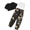 imageOYOANGLE Girls 3 Piece Outfits Casual Short Sleeve Crop Tee and Camo Print Cargo Pants and Cami TopBlack