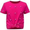 imageOYOANGLE Girls Pearl Beaded Short Sleeve Round Neck Knot Hem Shirt Tops Casual Cute Tee ShirtHot Pink