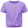 imageOYOANGLE Girls Pearl Beaded Short Sleeve Round Neck Knot Hem Shirt Tops Casual Cute Tee ShirtPurple