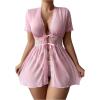 imageOYOANGLE Womens 2 Piece Lace Sheer Mesh Babydoll Lingerie Set Tie Front Nightgown Thongs SleepwearPink
