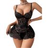 imageOYOANGLE Womens 2 Piece Lingerie Set Lace Sheer Cut Out Backless Chemise Babydoll and Thong SetsBlack