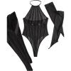 imageOYOANGLE Womens 3 Piece Mesh Sheer Backless Halter Lingerie Bodysuit with Stockings SetBlack