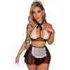 imageOYOANGLE Womens 4 Pack French Maid Costume Cosplay Halter Lingerie Set Cut Out Mesh Lace Teddy BabydollBlack