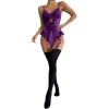 imageOYOANGLE Womens 4 Piece Lingerie Sets Floral Lace Bow Teddy Bodysuit with StockingsPurple