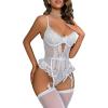 imageOYOANGLE Womens 4 Piece Lingerie Sets Floral Lace Bow Teddy Bodysuit with StockingsWhite