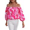 imageOYOANGLE Womens Boho Floral Print Off Shoulder 34 Sleeve Shirred Blouses Casual Top ShirtsPink White