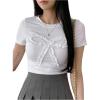 imageOYOANGLE Womens Bow Top Ruffle Trim Short Sleeve T Shirt Summer Crew Neck Crop TopsWhite