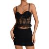 imageOYOANGLE Womens Contrast Mesh Floral Print Sleeveless Spaghetti Straps Camis Ruffle Trim Corset Bustier TopBlack
