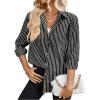 imageOYOANGLE Womens Long Sleeve Striped Button Down Shirts Office Casual Business Collared BlouseBlack