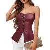 imageOYOANGLE Womens PU Leather Button Front Strapless Top Sleeveless Slit Hem Fitted BandeauBurgundy