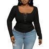 imageOYOANGLE Womens Plus Size Long Sleeve Henley Shirts Button Front Ribbed Knit Fitted TShirt Fall TopsBlack
