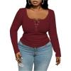 imageOYOANGLE Womens Plus Size Long Sleeve Henley Shirts Button Front Ribbed Knit Fitted TShirt Fall TopsBurgundy