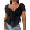imageOYOANGLE Womens Plus Size Sheer Sweetheart Neck Short Sleeve Blouse Knot Front Flowy Summer Tee TopsBlack