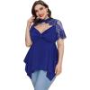 imageOYOANGLE Womens Plus Size Short Sleeve Blouse Choker Neck Lace Mesh Asymmetrical Hem Summer TopsBlue