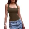 imageOYOANGLE Womens Square Neck Ribbed Knit Bodysuit Sleeveless Slim Fitted Body Suit TopsBrown