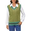 imageOYOANGLE Womens Striped Trim Sleeveless V Neck Pullover Sweater Vest Split Hem Tank Top KnitwearGreen