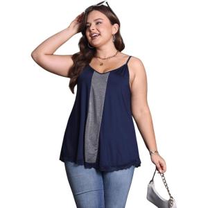 imageOYOANGLE Casual Loose Tops for Women Plus Size Sleeveless Spaghetti Strap Lace Trim Tank TopBlue