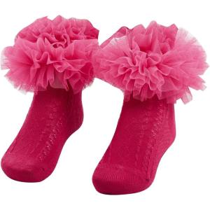 imageOYOANGLE Girls 1 Pairs Cute Ruffle Trim Ankle Socks Breathable Lightweight Dress SockHot Pink