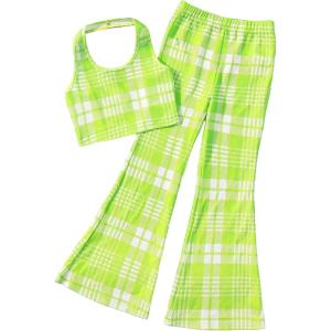 imageOYOANGLE Girls 2 Piece Outfits Clothing Sets Halter Crop Top and Flare Leg Pants SetGreen