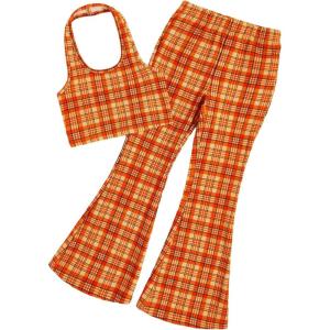 imageOYOANGLE Girls 2 Piece Outfits Clothing Sets Halter Crop Top and Flare Leg Pants SetOrange